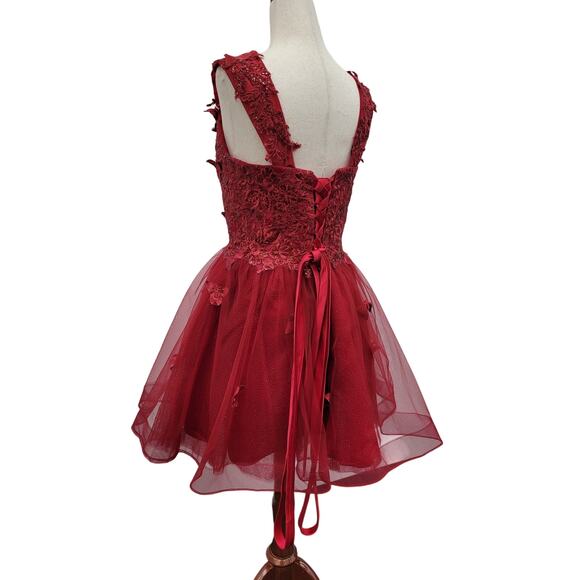 NWT Women's Crimson Red Short Butterfly Cocktail Dress with Tulle Corset back - Picture 11 of 13